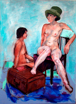 two nude models with suitcase